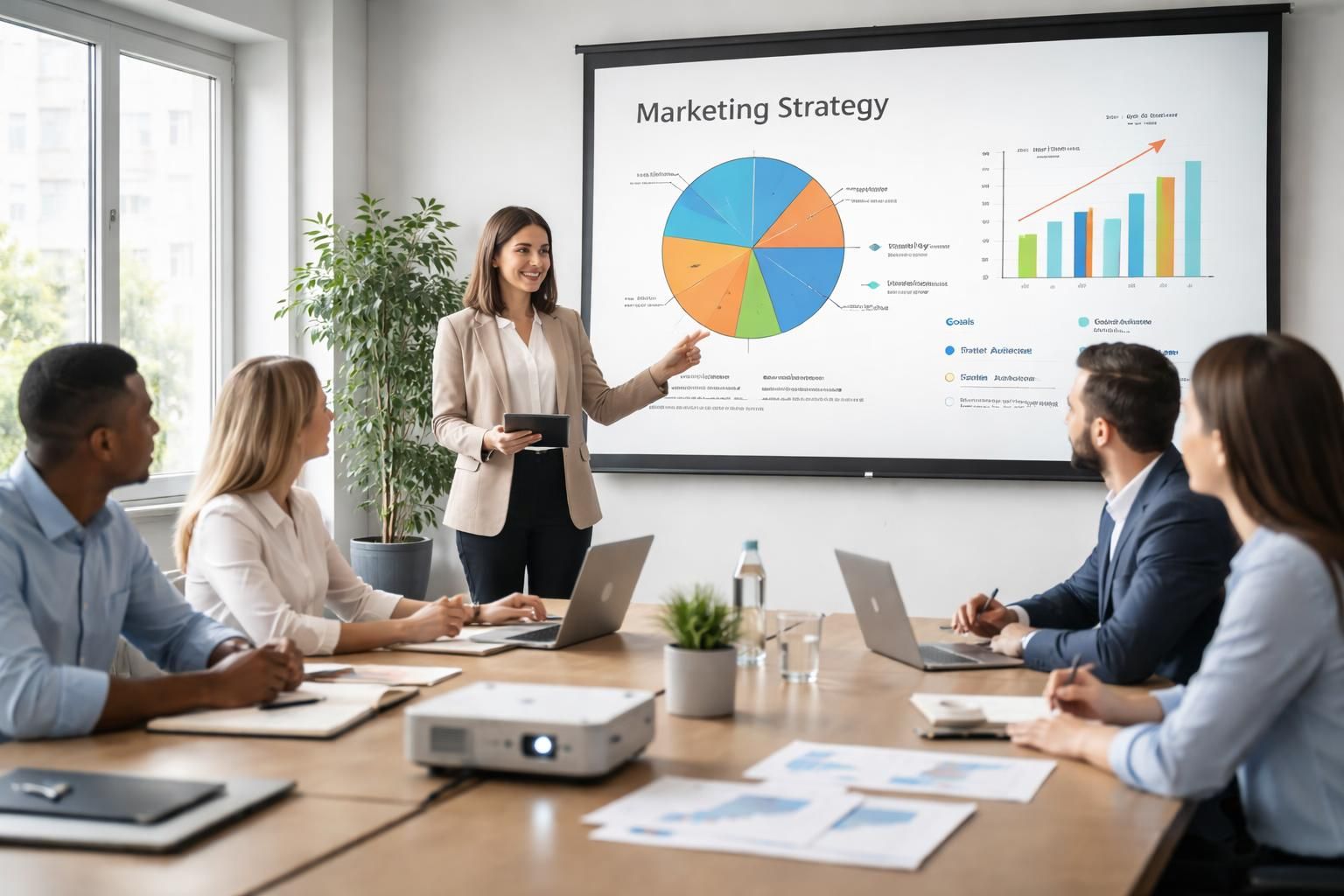 découvrez comment présenter efficacement votre plan marketing grâce à un mandat exclusif en utilisant un écran de projection pour captiver votre audience.