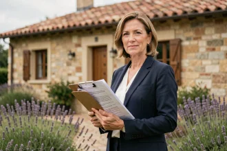 Agent immobilière présentant un mandat de vente devant une résidence secondaire en pierre avec jardin fleuri