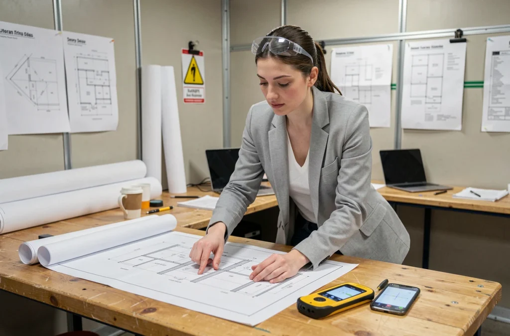 Architecte femme calculant des métrés de surface avec un télémètre laser et une application mobile dans un bureau de chantier