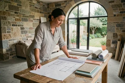 Architecte en rénovation étudiant des plans devant une grande fenêtre pour optimiser la lumière naturelle