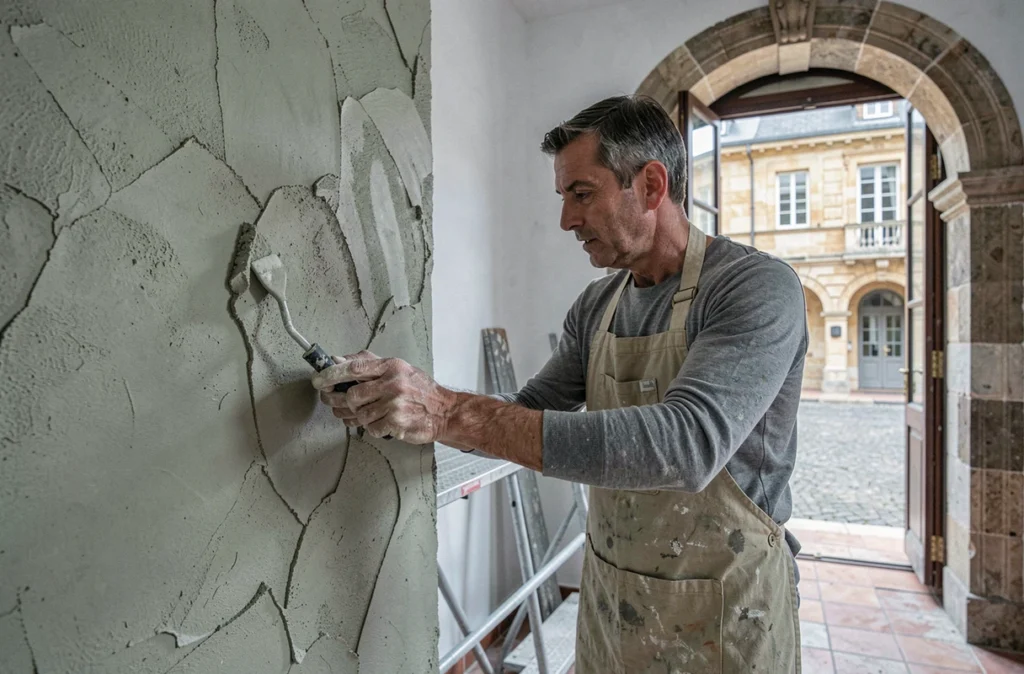 Artisan appliquant de l'enduit à la chaux sur les murs d'un hôtel particulier du XVIIe siècle en cours de restauration à Bordeaux