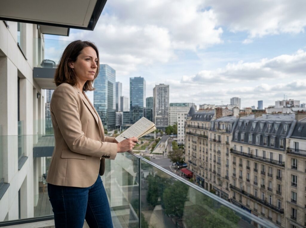 Femme sur le balcon d'un appartement neuf à Nanterre observant le quartier avant un achat immobilier