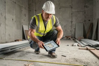 Professionnel du bâtiment utilisant une calculatrice mètre carré sur tablette numérique sur un chantier de construction