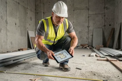 Professionnel du bâtiment utilisant une calculatrice mètre carré sur tablette numérique sur un chantier de construction