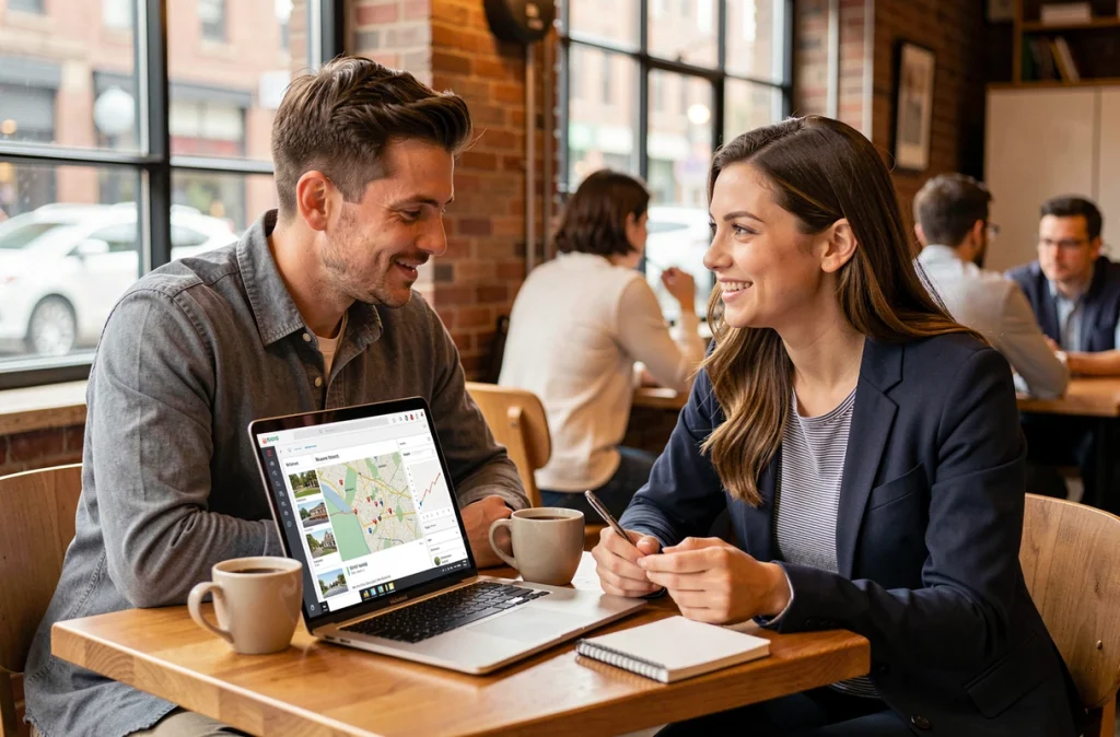 Deux professionnels de l'immobilier collaborant sur un outil de veille immobilière en ligne dans un espace de coworking moderne