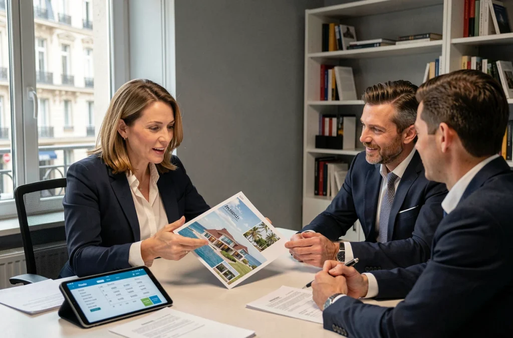 Conseillère immobilière expliquant les options de vente ou de conservation d'une multipropriété Pierre et Vacances à un couple de propriétaires dans un bureau professionnel