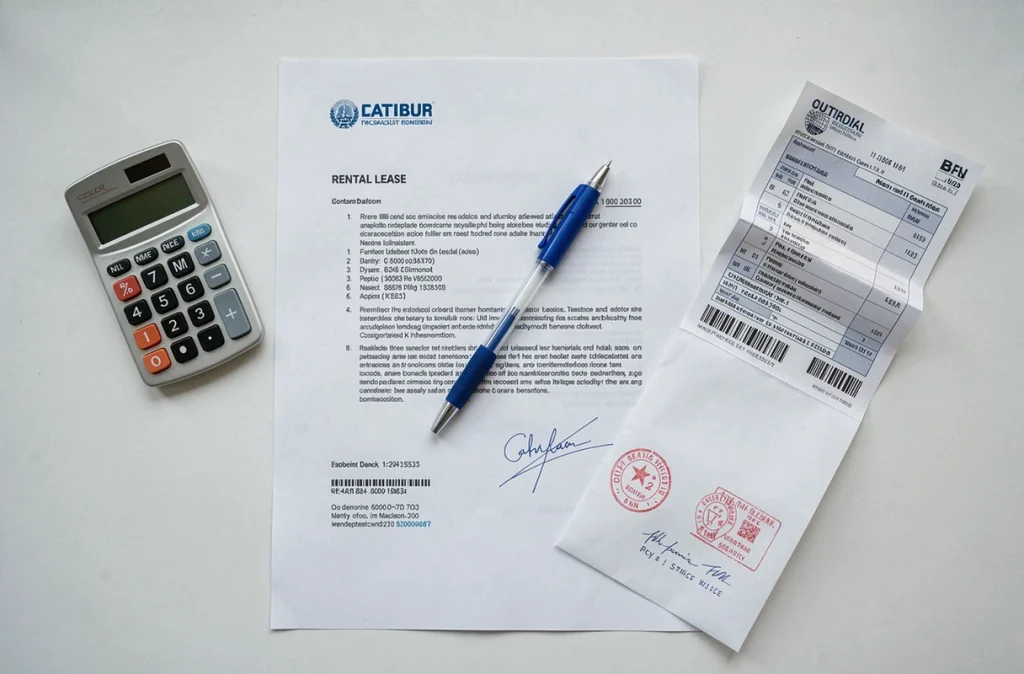 Documents administratifs et contrat de bail pour une location de maison avec jardin à 600 euros