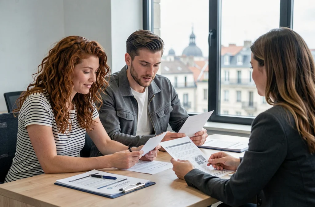 Couple et agent immobilier examinant un contrat de location à Toulouse pour sécuriser leur recherche contre les arnaques