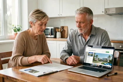 Couple en train d'examiner des documents de multipropriété Pierre et Vacances pour décider de conserver ou vendre leur bien en 2026
