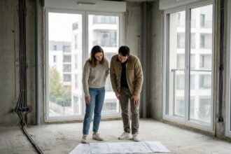 Couple examinant les plans d'un appartement neuf en construction à Nanterre avant de prendre une décision d'achat immobilier