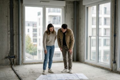 Couple examinant les plans d'un appartement neuf en construction à Nanterre avant de prendre une décision d'achat immobilier