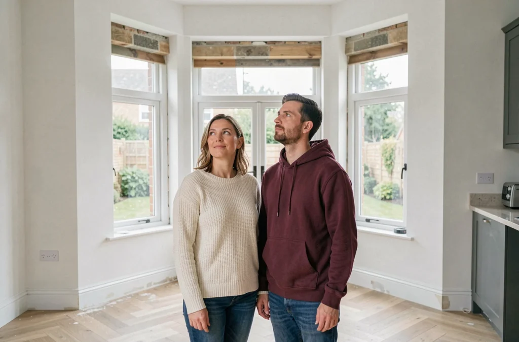 Couple admirant la nouvelle baie vitrée élargie dans leur salon rénové pour améliorer la luminosité naturelle