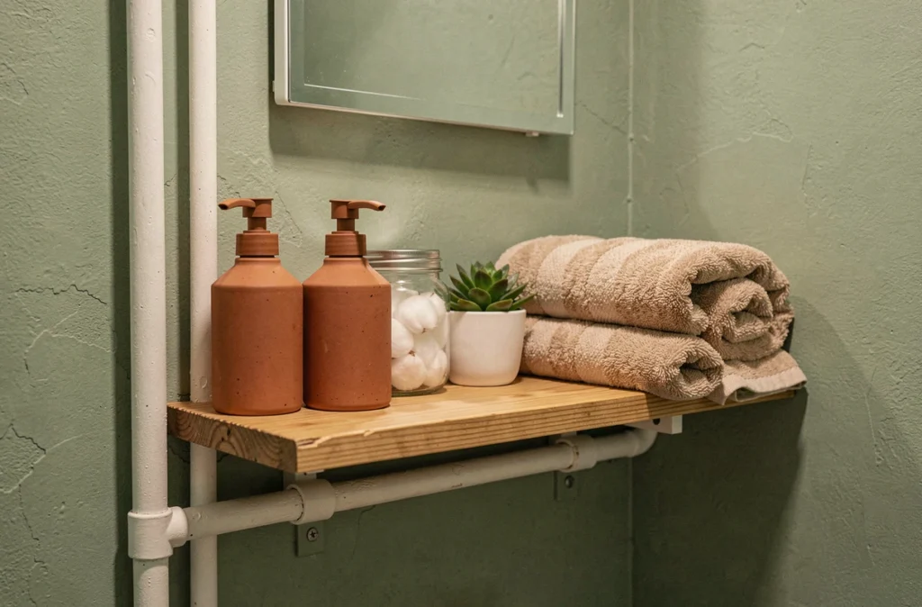 Étagère de salle de bain décorée avec accessoires en céramique terracotta, plante succulente et serviettes roulées pour une déco tendance à petit prix