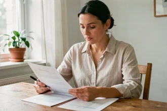 Femme lisant des documents administratifs pour une location de maison avec jardin à 600 euros par mois