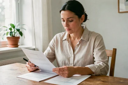 Femme lisant des documents administratifs pour une location de maison avec jardin à 600 euros par mois