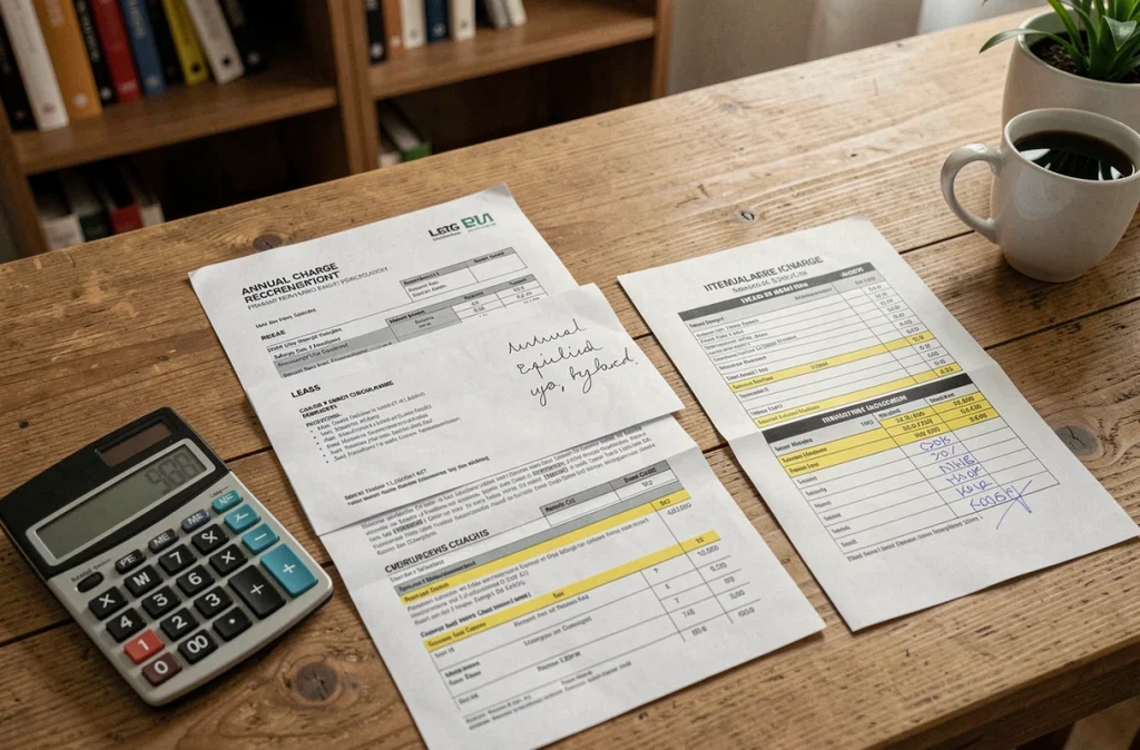 Documents de charges locatives, bail de location et calculatrice disposés sur un bureau en bois lors d'une régularisation annuelle