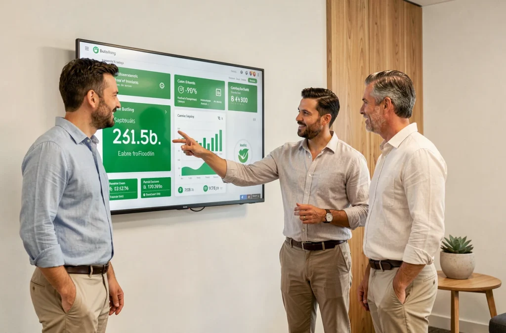 Équipe immobilière en réunion autour d'un tableau de bord RSE affichant des données environnementales et sociales