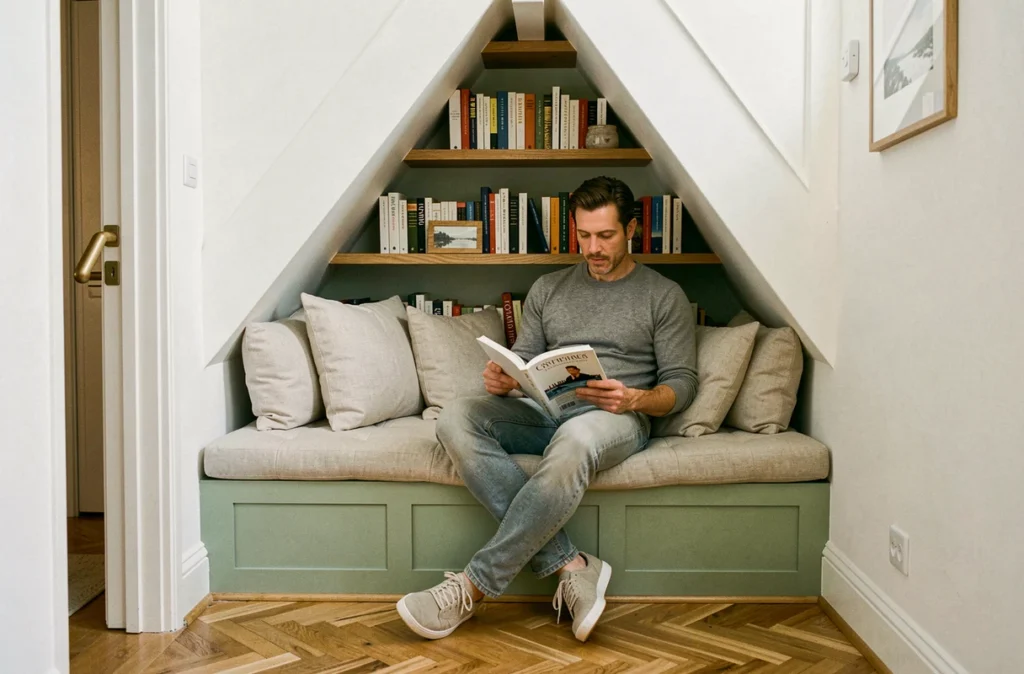Espace sous escalier transformé en coin lecture avec étagères intégrées et banquette rembourrée