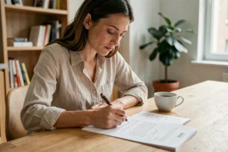 Femme rédigeant une lettre de préavis de logement à la main sur une table en bois dans un appartement moderne