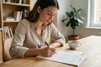 Femme rédigeant une lettre de préavis de logement à la main sur une table en bois dans un appartement moderne