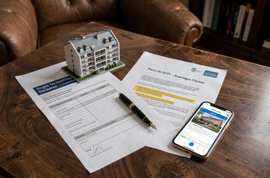 Vue de dessus d'un bureau avec des documents fiscaux, un modèle immobilier miniature et des informations sur les parts de SCPI