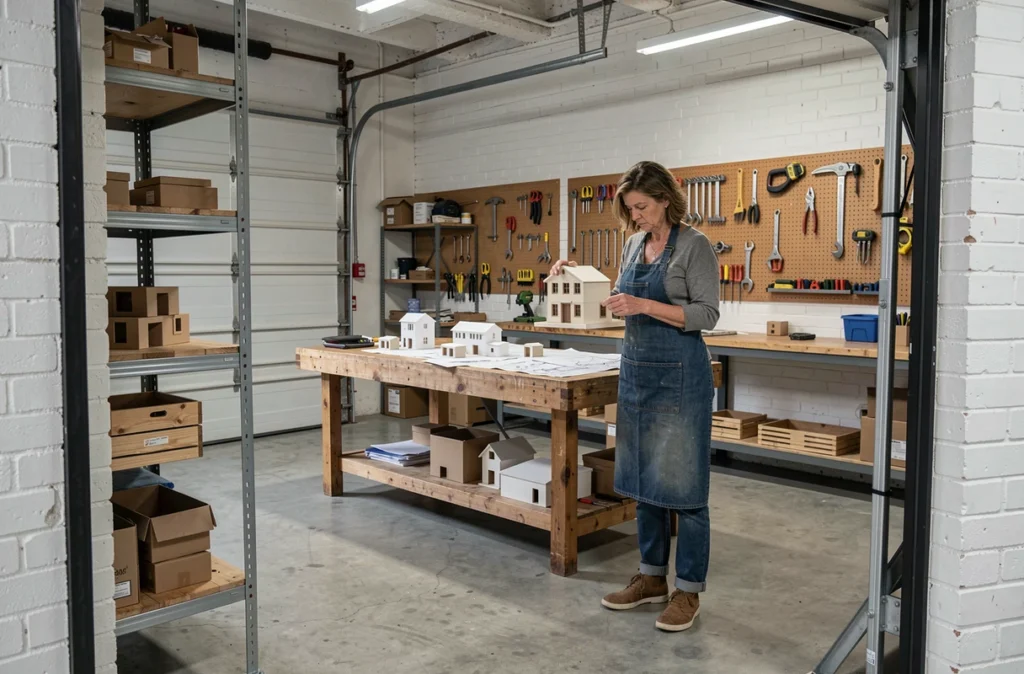 Garage reconverti en atelier créatif et studio de travail avec table d'établi et organisation murale