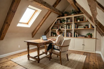 Grenier aménagé en bureau à domicile avec poutres apparentes et étagères intégrées sous les combles