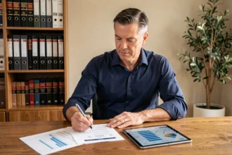 Un homme d'affaires d'âge moyen analysant des documents de placement en SCPI fiscales dans un bureau à domicile moderne