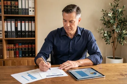 Un homme d'affaires d'âge moyen analysant des documents de placement en SCPI fiscales dans un bureau à domicile moderne