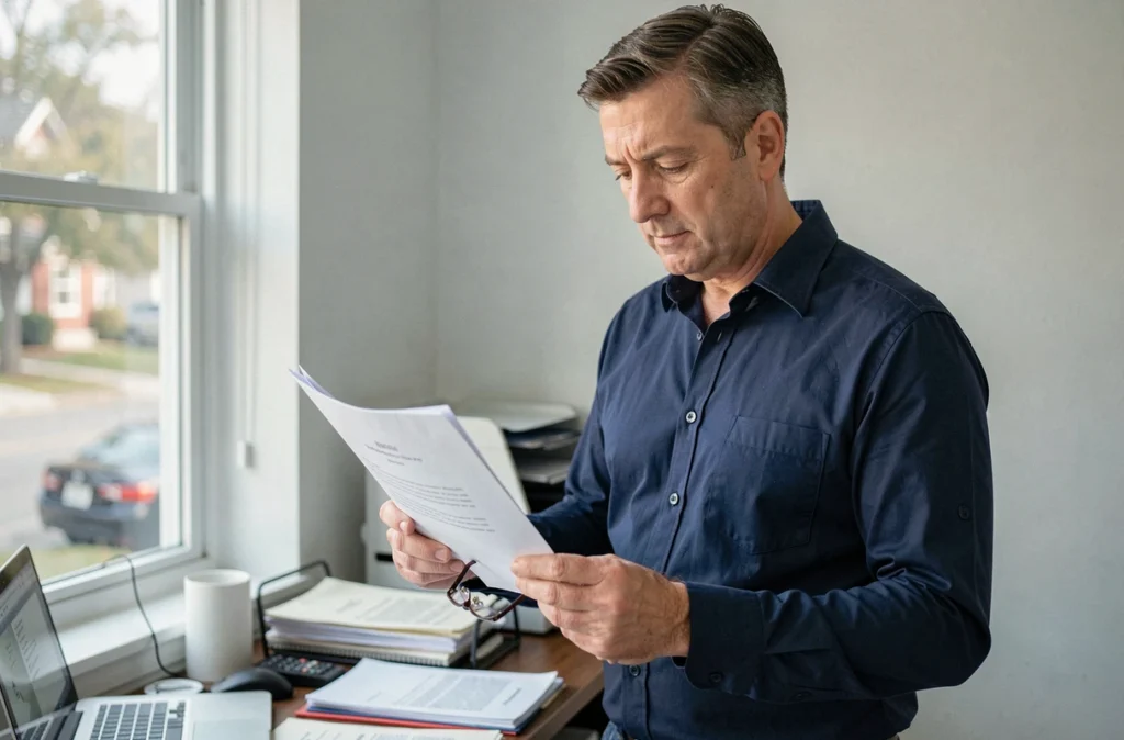 Homme consultant des documents administratifs liés à un préavis de location dans un bureau à domicile