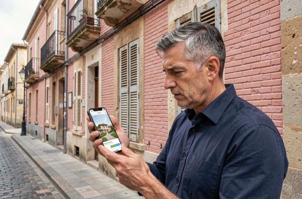Homme vérifiant sur son smartphone une annonce de location immobilière devant un immeuble typique en briques roses de Toulouse