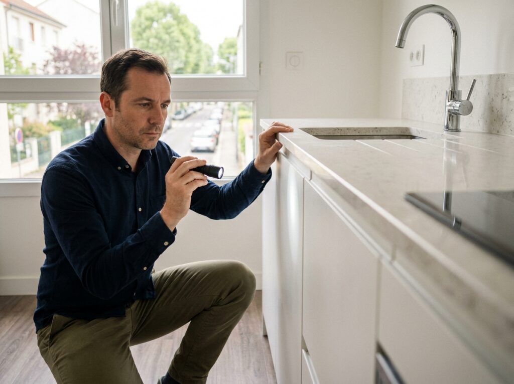 Homme inspectant la qualité de finition d'une cuisine dans un appartement neuf à Nanterre lors d'une visite avant achat