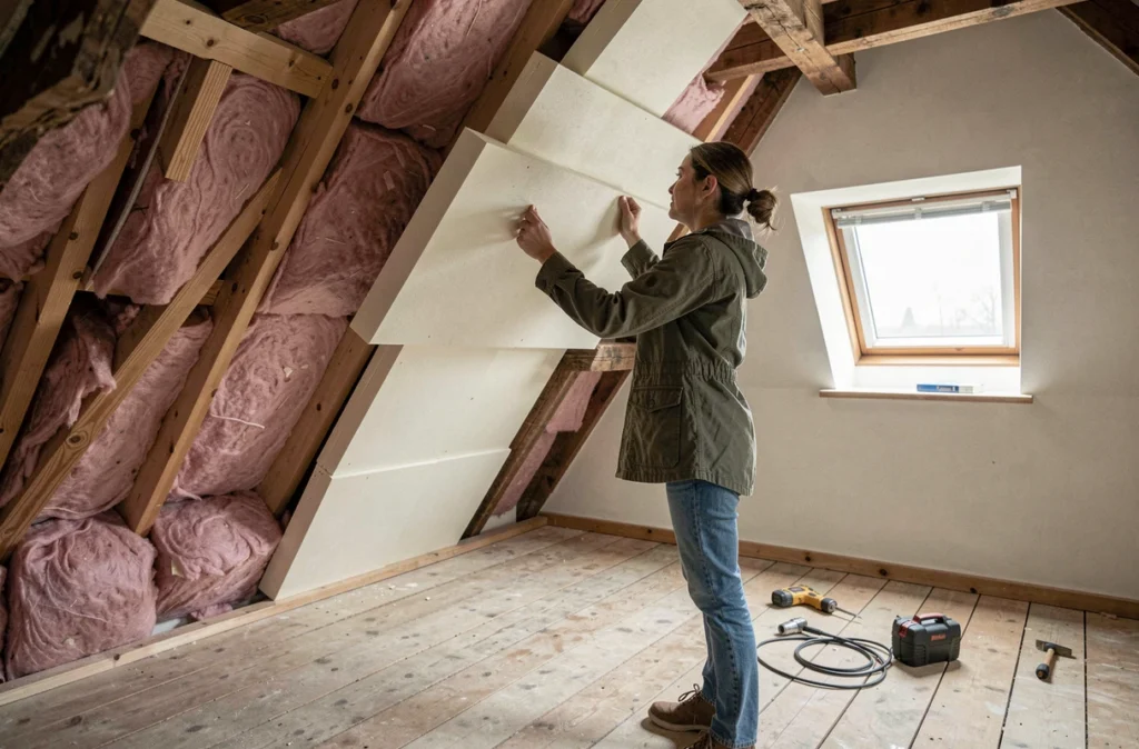 Femme inspectant un panneau isolant rigide dans un espace sous combles partiellement rénové avec différents matériaux d'isolation visibles