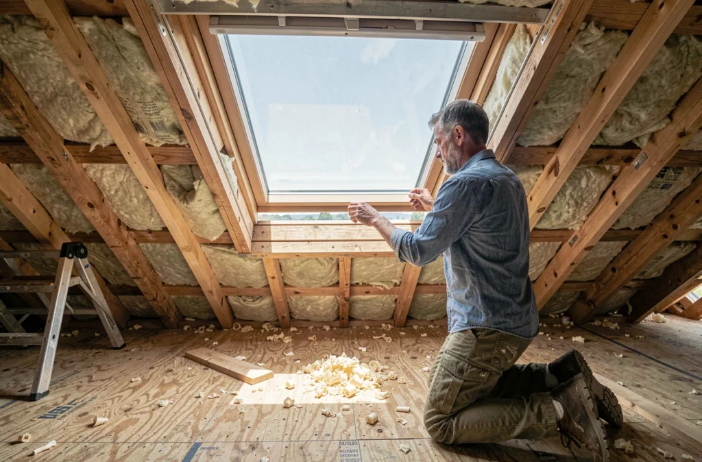 Artisan installant une fenêtre de toit dans un comble en rénovation pour maximiser l'apport de lumière naturelle