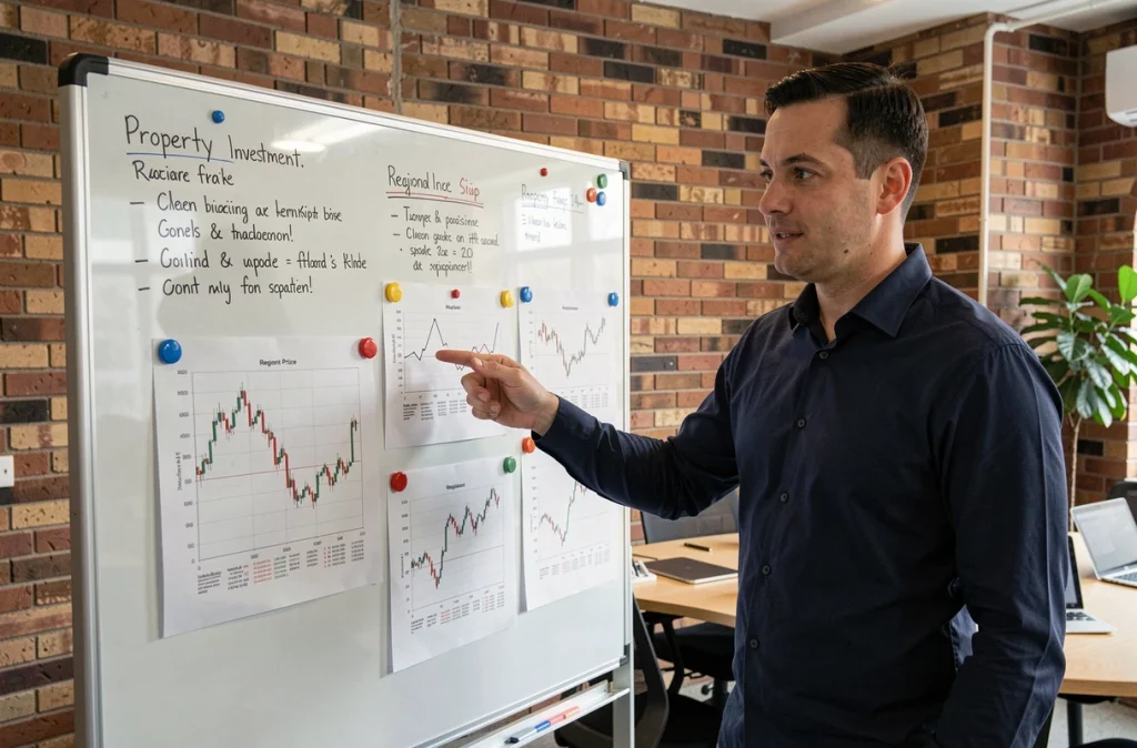 Investisseur immobilier débutant présentant une analyse de marché avec des graphiques de prix immobiliers dans un bureau de startup