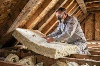 Artisan posant des rouleaux de laine minérale entre les chevrons d'un grenier sous combles lors de travaux d'isolation thermique