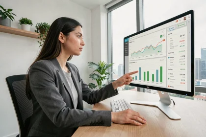 Jeune professionnelle de l'immobilier analysant des données sur un logiciel de veille immobilière comme Immobserver à son bureau