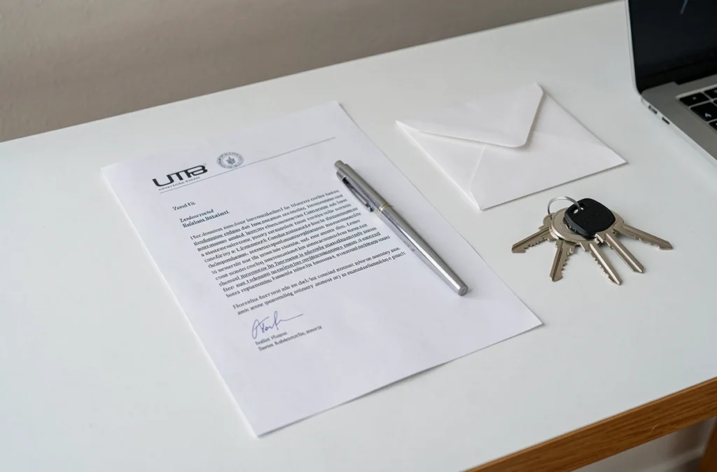 Lettre de préavis de logement tapée à la machine posée sur un bureau avec des clés d'appartement et une enveloppe