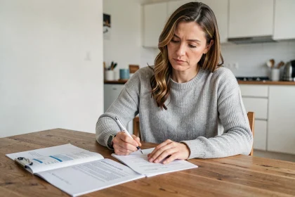 Locataire vérifiant ses charges locatives et quittances de loyer sur une table en bois dans un appartement moderne