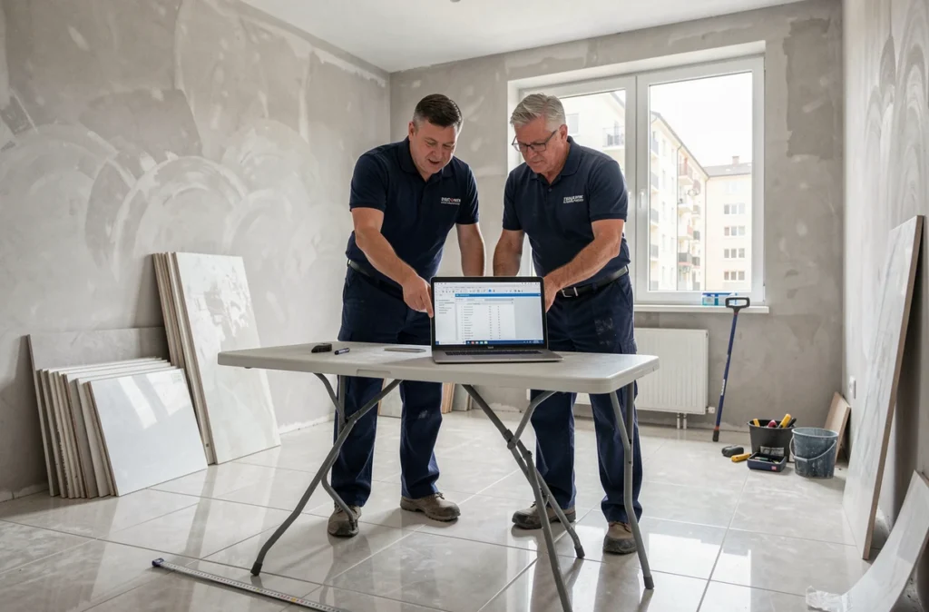 Deux métreurs du bâtiment consultant des données de calcul de surface sur ordinateur portable dans un appartement en rénovation