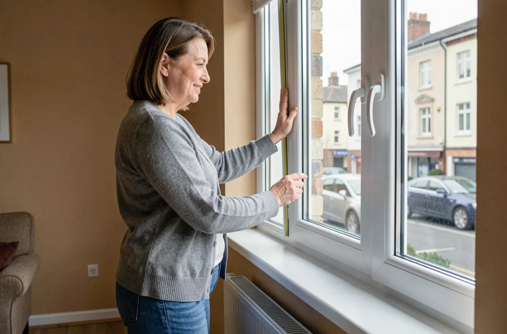 Femme inspectant une nouvelle fenêtre double vitrage installée dans un salon pour améliorer l'efficacité thermique