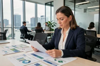 Professionnelle de l'immobilier analysant des indicateurs RSE et rapports de performance durable dans un bureau moderne