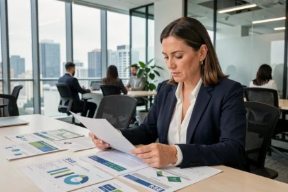 Professionnelle de l'immobilier analysant des indicateurs RSE et rapports de performance durable dans un bureau moderne