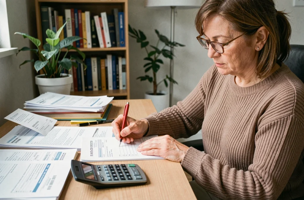 Propriétaire analysant des documents de charges locatives avec une calculatrice et des reçus sur un bureau à domicile