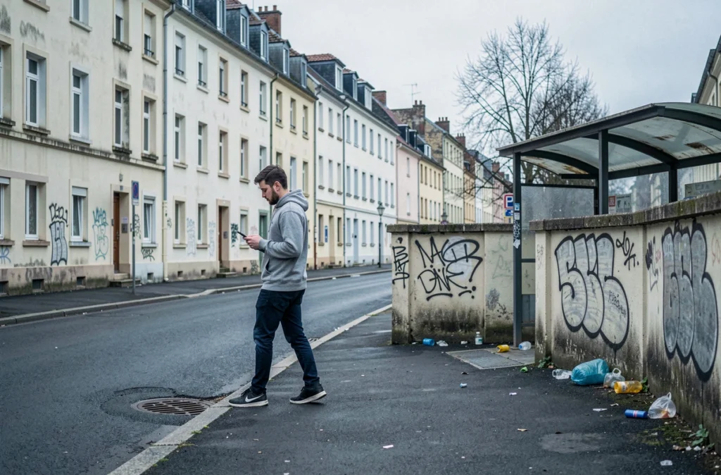Quartier périphérique de Brive-la-Gaillarde avec immeubles anciens et atmosphère urbaine contrastée