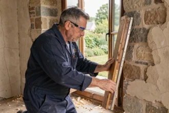 Artisan en train de retirer une ancienne fenêtre en bois dans une maison de campagne pour une rénovation énergétique