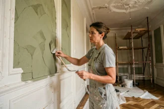 Artisane appliquant un enduit à la chaux sur un mur en pierre dans un appartement haussmannien en cours de rénovation