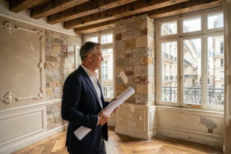 Architecte examinant les murs en pierre d'un appartement haussmannien en cours de rénovation dans un centre historique parisien