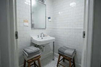 Petite salle de bain en cours de rénovation avec carrelage blanc, vasque en porcelaine et nouveaux robinets chromés posés sur un tabouret en bois