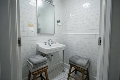 Petite salle de bain en cours de rénovation avec carrelage blanc, vasque en porcelaine et nouveaux robinets chromés posés sur un tabouret en bois
